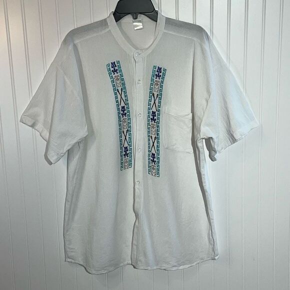 Vintage Malri Hand Made Embroidered White Button Down Mens XXL Short Sleeve - Picture 1 of 11